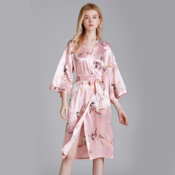 

Sexy Crane Printed Silk Nightgown Ladies Women Pajamas Bathrobe Women Dressing Gown Night Robe Sleepwear
