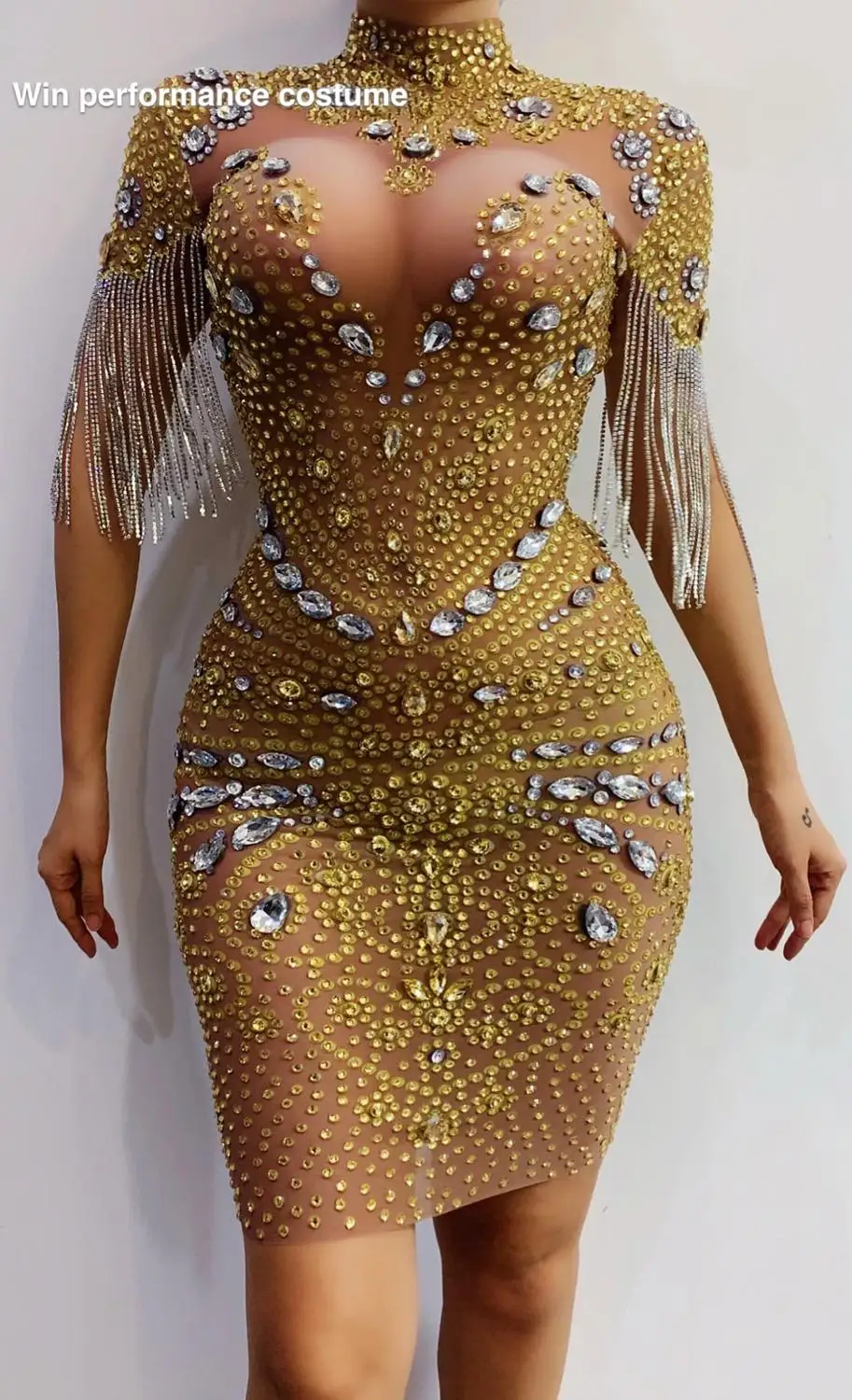 Shining Big Crystals Mesh Sexy Bodysuit Sparkly Rhinestone Fringes Party Nightclub Outfit Singer Stage Performance Dance Costume