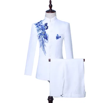 

2020 Autumn Chinese Style White Stand Collar Two-Piece Men's Jacket Suits Blue Sequin groom suit Costumes(Jacket+Pants)