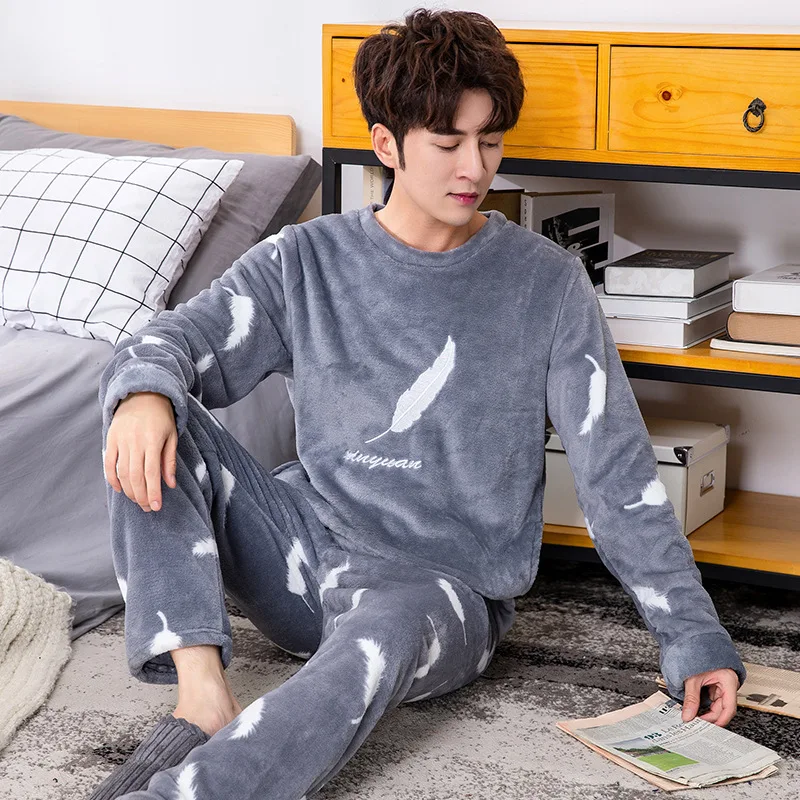 Pajamas Men Coral Fleece Pajamas Sets Winter Thicken Warm Sleepwear O-Neck Male Home Clothing Dropshipping