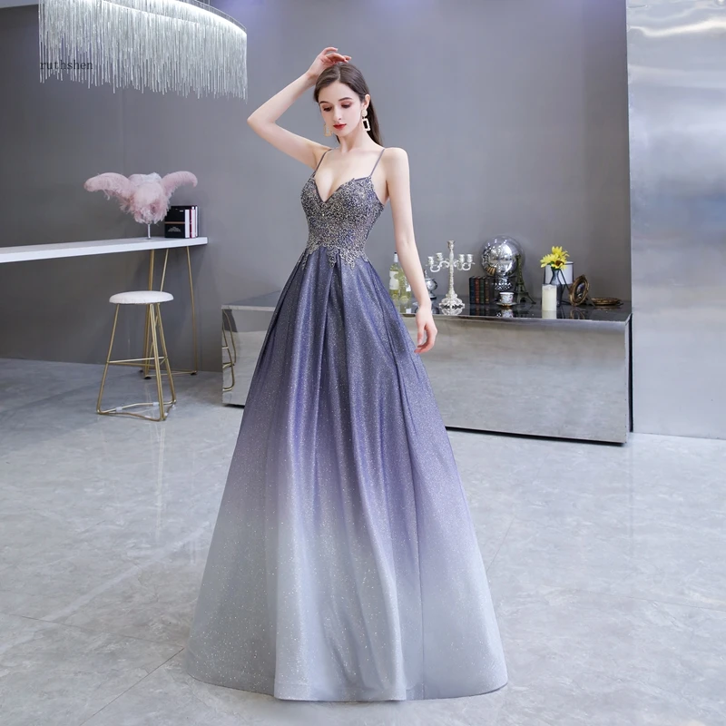Long Spaghetti See Through Sparkly Crystal Women Evening Gown
