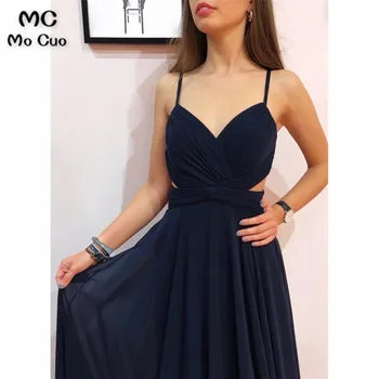

Dark Blue Party Evening dresses Long Pleat Spaghetti Straps V-Neck Vestido de Festa Chiffon Evening Prom gown In Stock