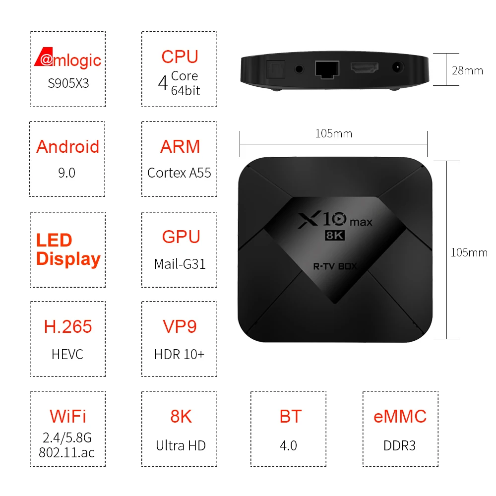 X10 MAX Android 9,0 8K Smart tv BOX Amlogic S905X3 4G 128GB rom светодиодный дисплей 5G Dual wifi BT4.0 USB 3,0 HDR H.265 8K телеприставка