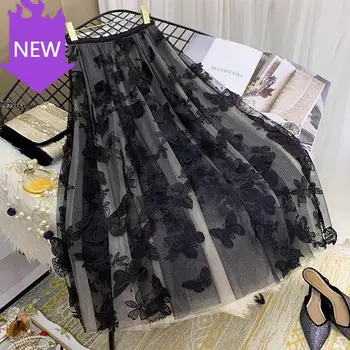 

Skirts Ladies Chic Butterfly Embroidery Layered Fairy Skirts 2020 New Summer Mesh A-Line Elastic High Waist Tulle Pleated