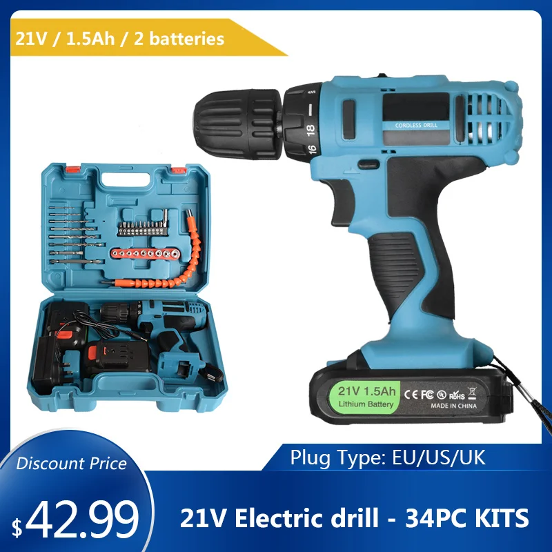 Cordless Drill Electric Screwdriver 21V 1.5Ah Lithium Battery 2 Speed 32Nm Tool Box Hand Tools Power Tools Set Mini Portable