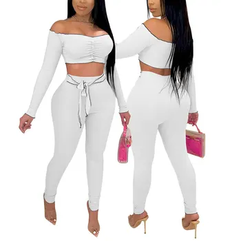 

Women's Off Shoulder 2-piece Set, Solid Color Long Sleeve Top and Trousers, Sexy Casual Suit