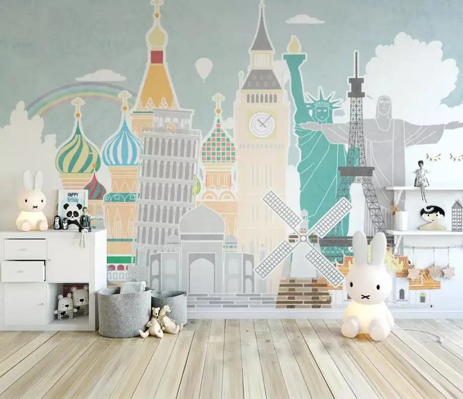 

Drop Shipping Custom 3D Wallpaper Hand-painted Landmarks Building Illustration Children's Room Wall Decoration Mural Wallpaper
