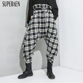 

SuperAen 2020 Spring New Long Pants Women Cotton Wild Casual Plaid Harem Pants Female Korean Style Fashion Ladies Pants