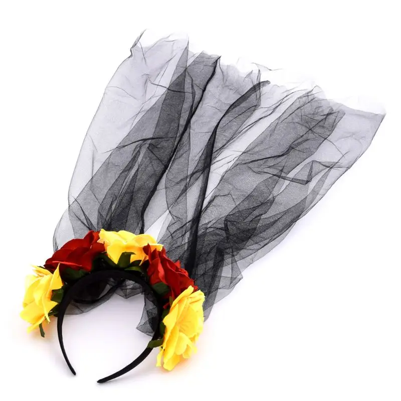 Черная Кружевная повязка на голову с вуалью на Хэллоуин для женщин, контрастный цветной Искусственный цветок розы, обруч для волос, Мексиканский Карнавальный костюм для вечеринки - Цвет: 5