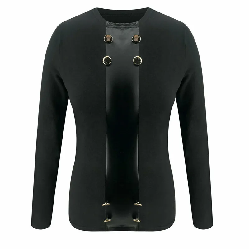 Дамы Женская мода Повседневное однотонные черные зимние теплые с длинными рукавами, на пуговицах Круглый воротник плотно, приталенные футболки, топы