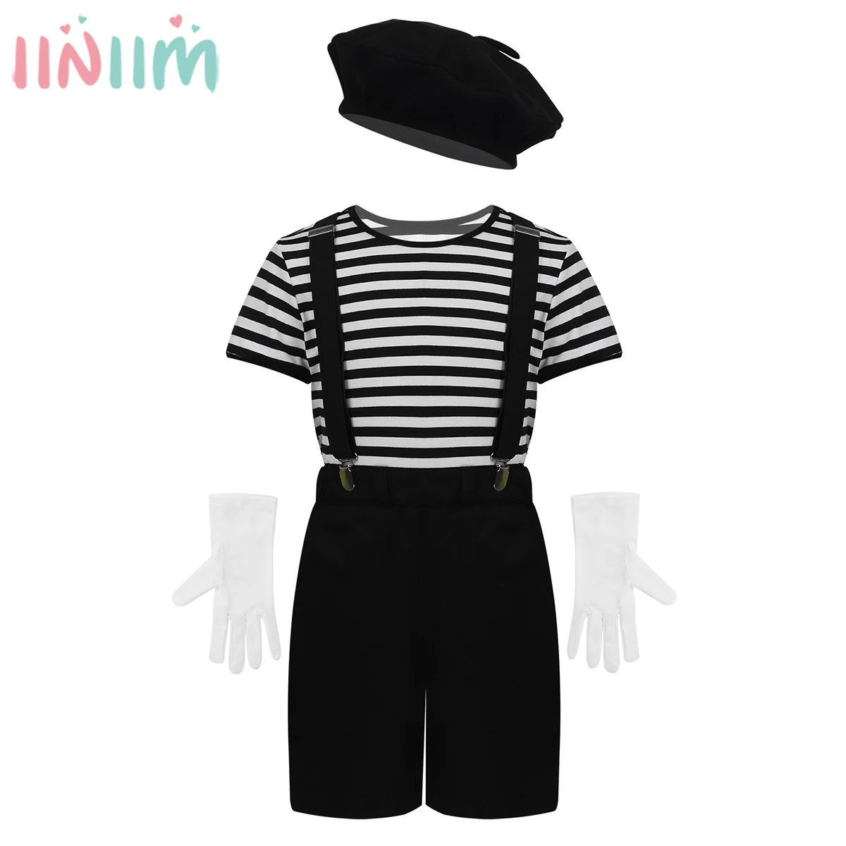 

Unisex Kids Boys Girls French Mime Artist Fancy Dress Costume Outfit Striped T-Shirt Tops with Beret Gloves Suspenders Set