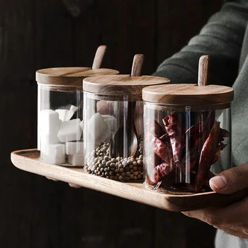 

Nordic Glass Seasoning Jar Soy Sauce Vinegar Bottle with Spoon Household Wooden Seasoning Box Kitchen Supplies Three-piece Set