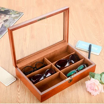 

Wooden 6 Grids Glasses Storage Box Sunglasses Storage Organizer Eyeglasses Display Organizer Jewelry Box with Cover