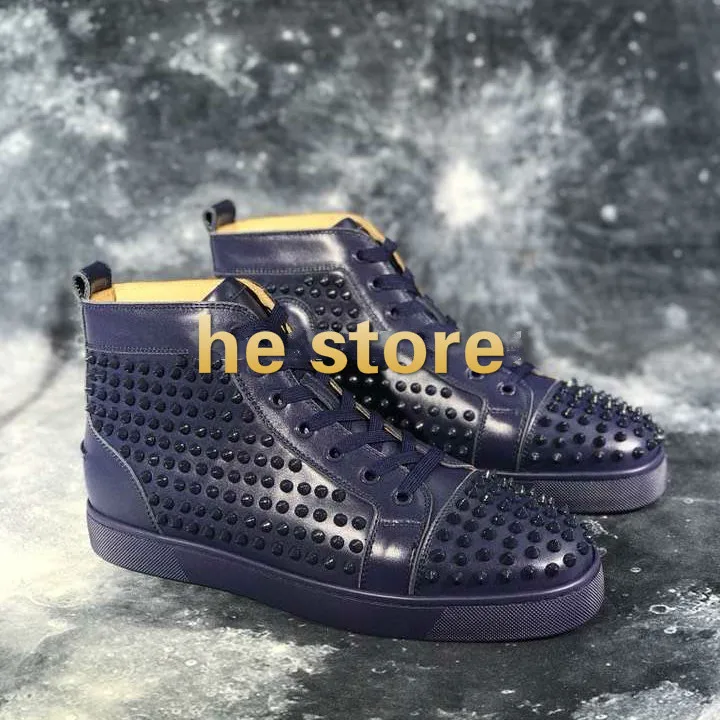 

Top High Top Leisure Full Blue Cow Leather Lace Up Rivets Red Bottoms Men Sports Shoes Sneakers Flat Loafers Footwear