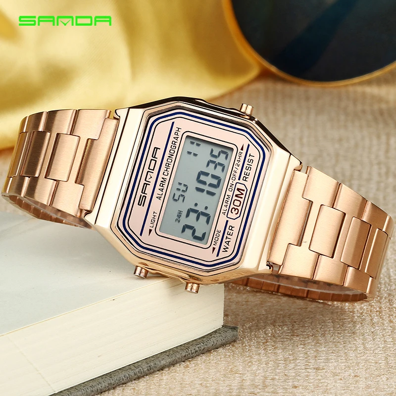 SANDA Rose Gold Sport Watches Women Luxury Golden LED Electronic Digital Watch Waterproof Ladies Clock Female Reloj Mujer