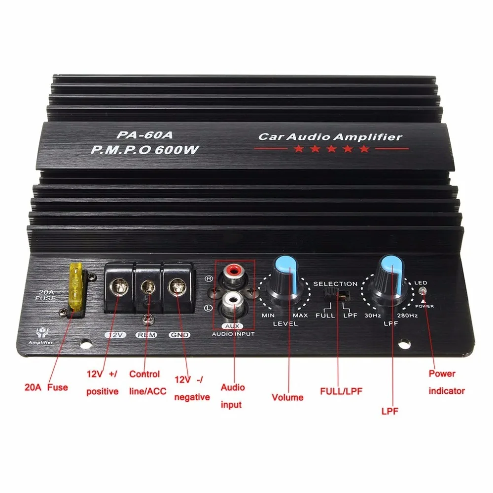 12V Mono 600W High Power Car Audio Amplifier PA-60A Fashion Wire Drawing Powerful Bass Subwoofers Amplifier With 20A Fuse