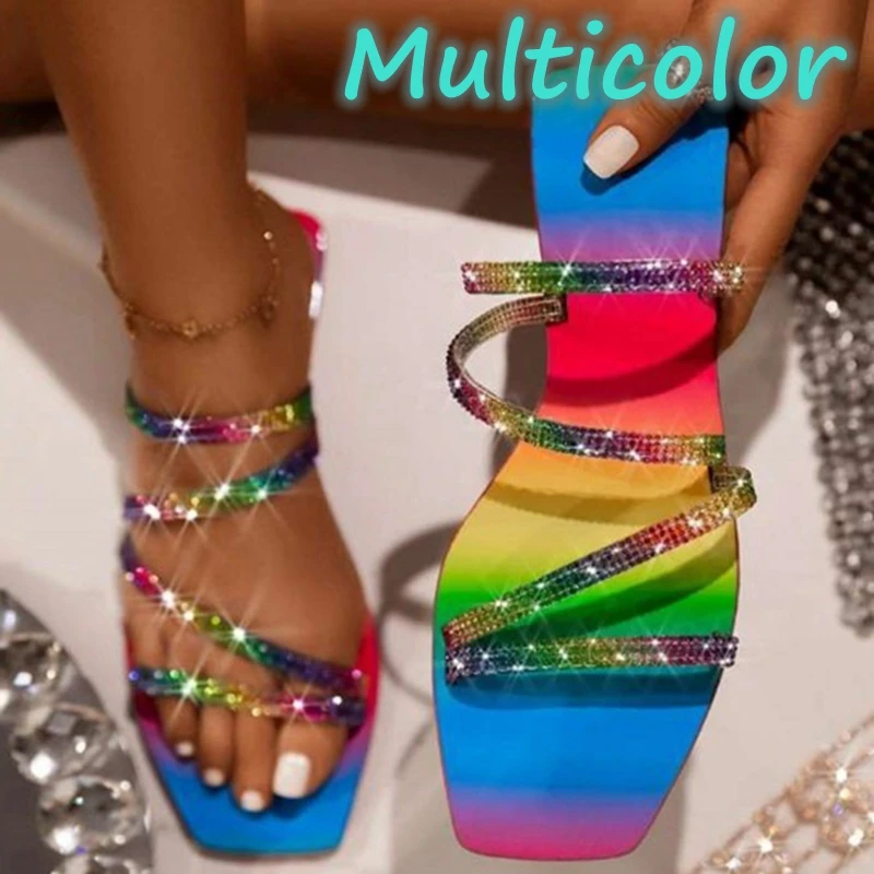 

Flat Shoes Slides Summer New Fashion Candy Color Rhinestones Sandals Girl Rainbow Crystal Slip-On Outside Beach Women Slippers