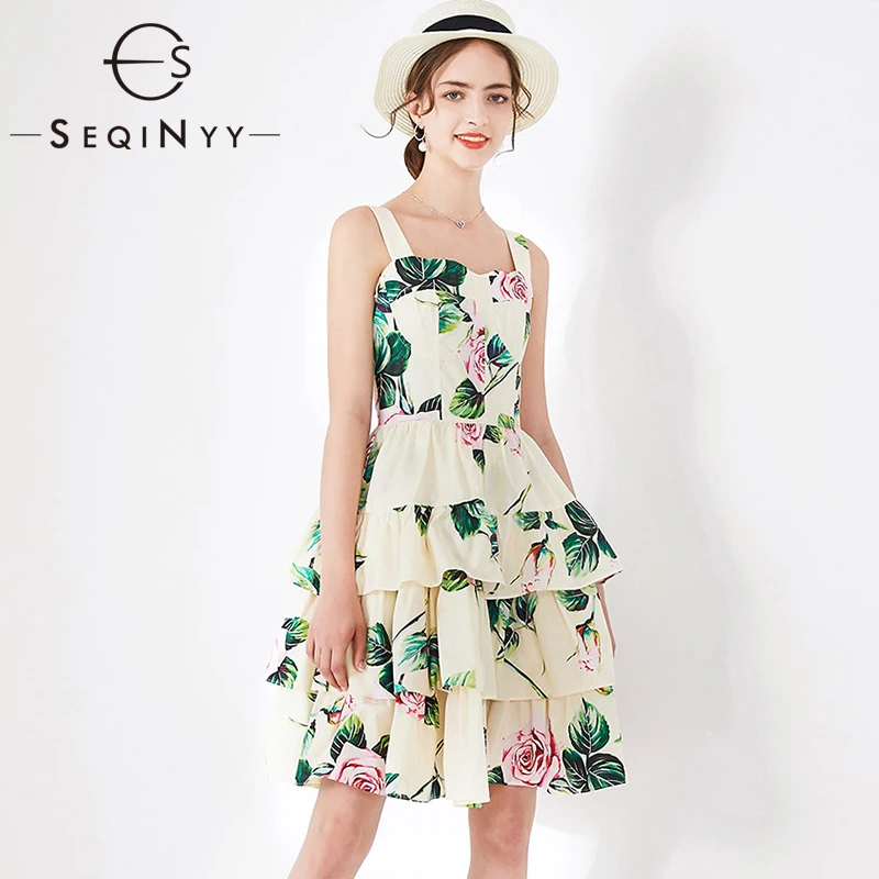 SEQINYY, бежевое платье,, лето, весна, новинка, модный дизайн, женское, без рукавов, с принтом розы, каскадные оборки, мини-платье