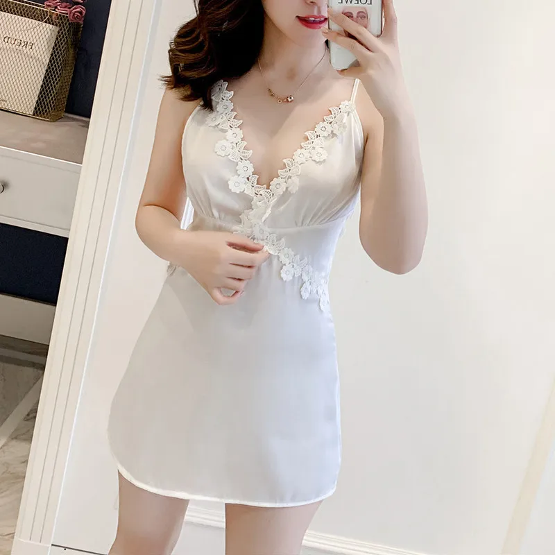 

New Women's Solid Color Sexy Suspender Nightdress Lace Up Back Beautiful Back Charming Silk Slip Skirt Household Women's Wear