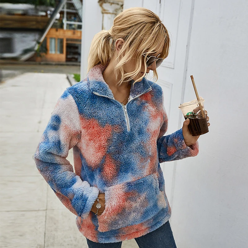 

Autumn Winter Plush Hoodies Women Lapel Zipper Pocket Long-sleeved Casual Tie-dyed Faux Fur Hoodies Elegant Warm Pullover Ladies