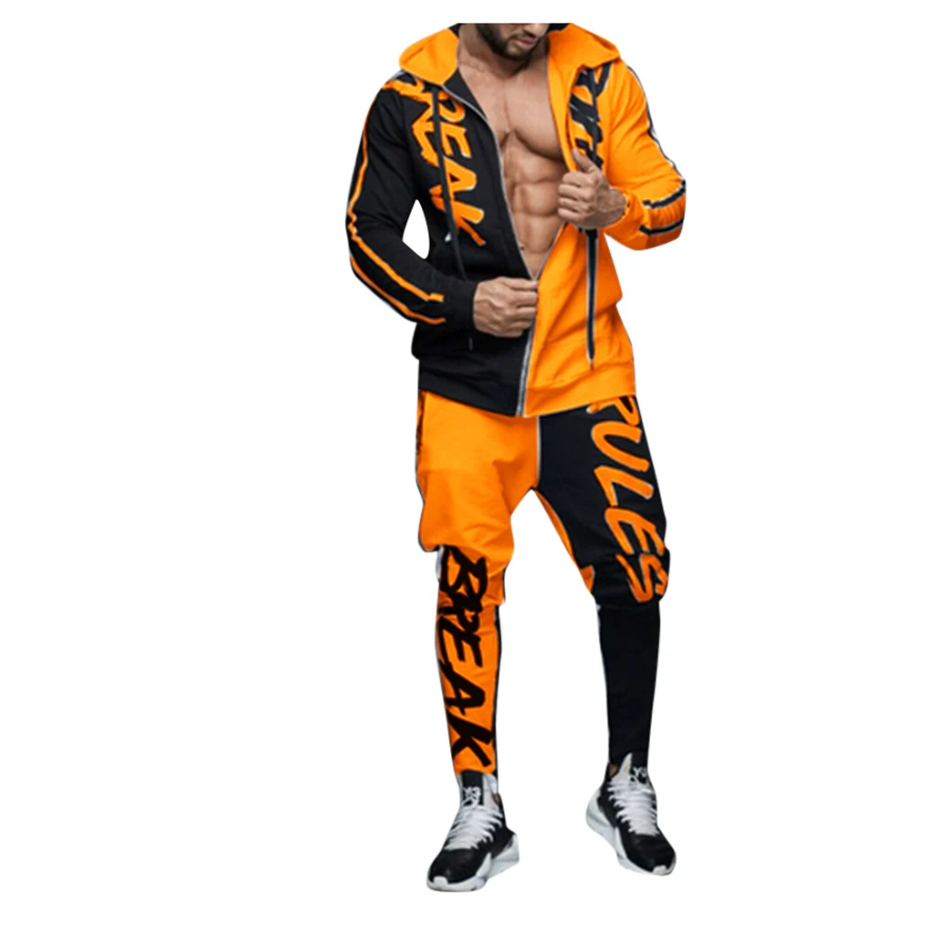 Повседневный облегающий спортивный костюм для мужчин,, с надписью, в стиле хип-хоп, Ropa Hombre, комплект, куртка на молнии, узкие брюки, 2 шт., мужские уличные спортивные комплекты - Цвет: Yellow