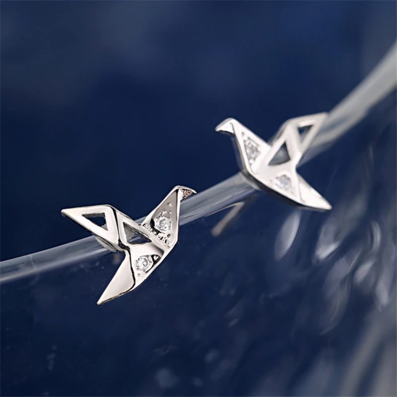 Миниатюрные маленькие милые серьги-гвоздики для женщин и девочек, 925 Настоящее чистое серебро, маленькие птички, бумажный журавль, CZ камни, серьги SE824