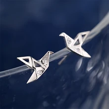 Миниатюрные маленькие милые серьги-гвоздики для женщин и девочек, 925 Настоящее чистое серебро, маленькие птички, бумажный журавль, CZ камни, серьги SE824