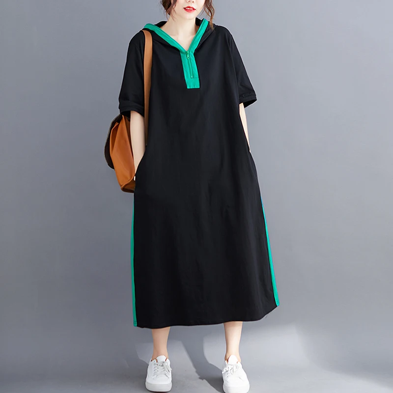 

#3262 Spring Black Long T-shirt Dresses Women Spliced Color Zipper Hooded Dress Cotton Pockets T Shirt Dresses Short Sleeves