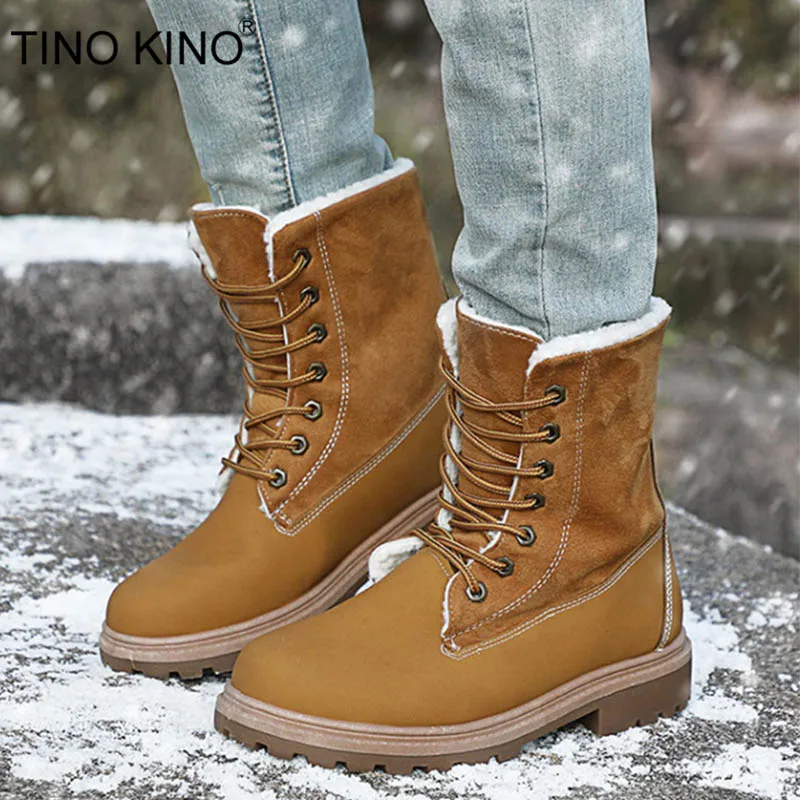 

TINO KINO Women Lace Up Winter Snow Boots Warm Plush Boot Plush Ladies Fur Low Heel Shoes Female Fashion Footwear Plus Size