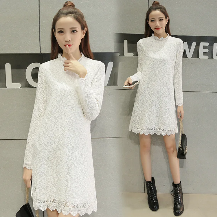 

2018 Spring Clothing New Style Korean-style Mid-length Hollow out Lace Shirt Blouse Solid Color Dress