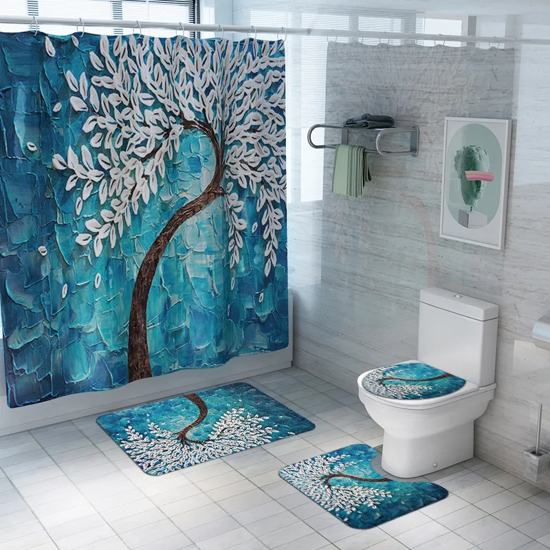 Details about   4 Pcs Blue Butterfly Print Shower Curtain Carpet Cover Toilet Cover Bath Mat Set 