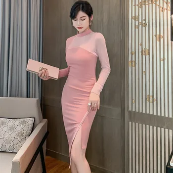 

Women Long Sleeve Mesh Patchwork Midi Wrap Dress Autumn Winter Sexy Pink Dress Women Solid Women Dresses Formal Robe Hiver Femme