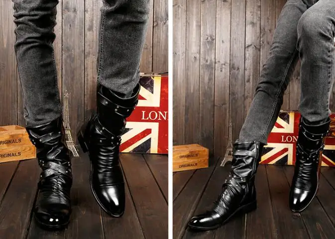 Spring Autumn Winter Pointed Toe Rivet Buckles Men Equestrian Boots Mid-Calf High Top Male Warm Punk Motorcycle Boots 190906