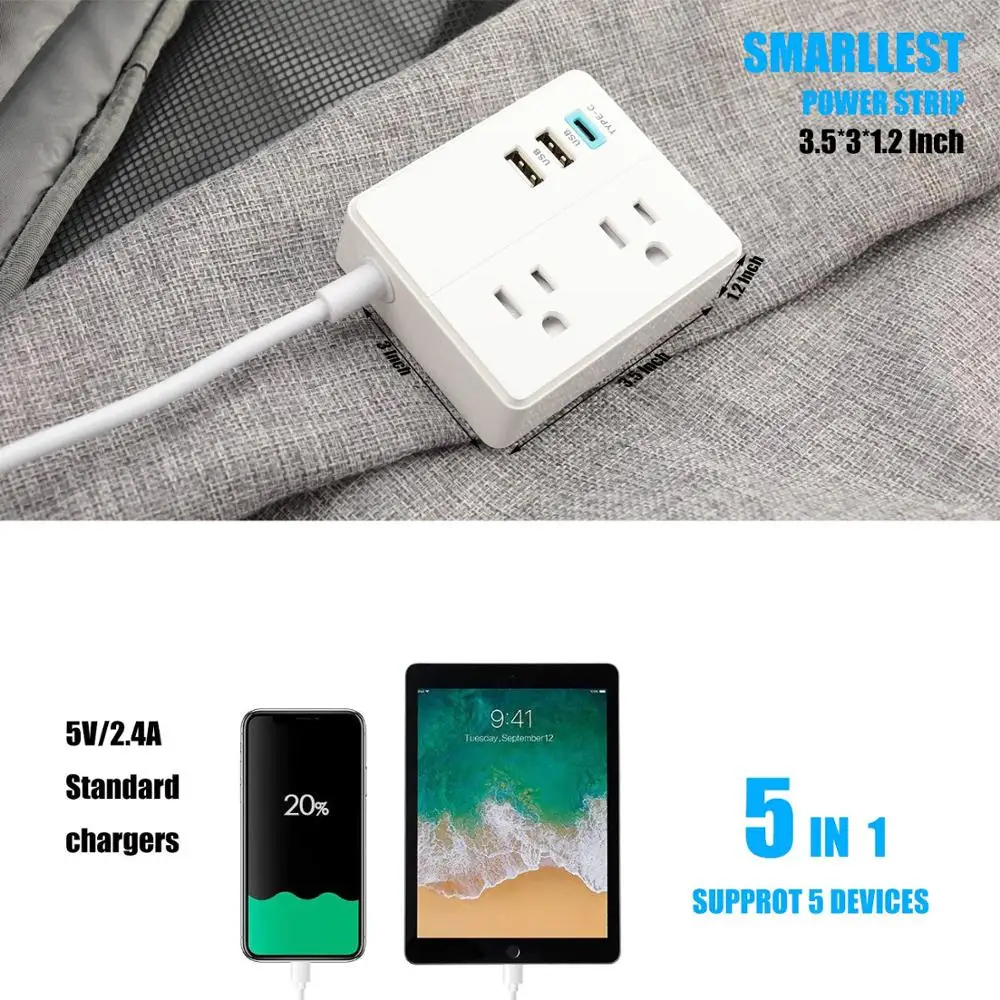 Сетевой мини удлинитель 2 USB 1 Type c 3 US настольная зарядная станция футов для