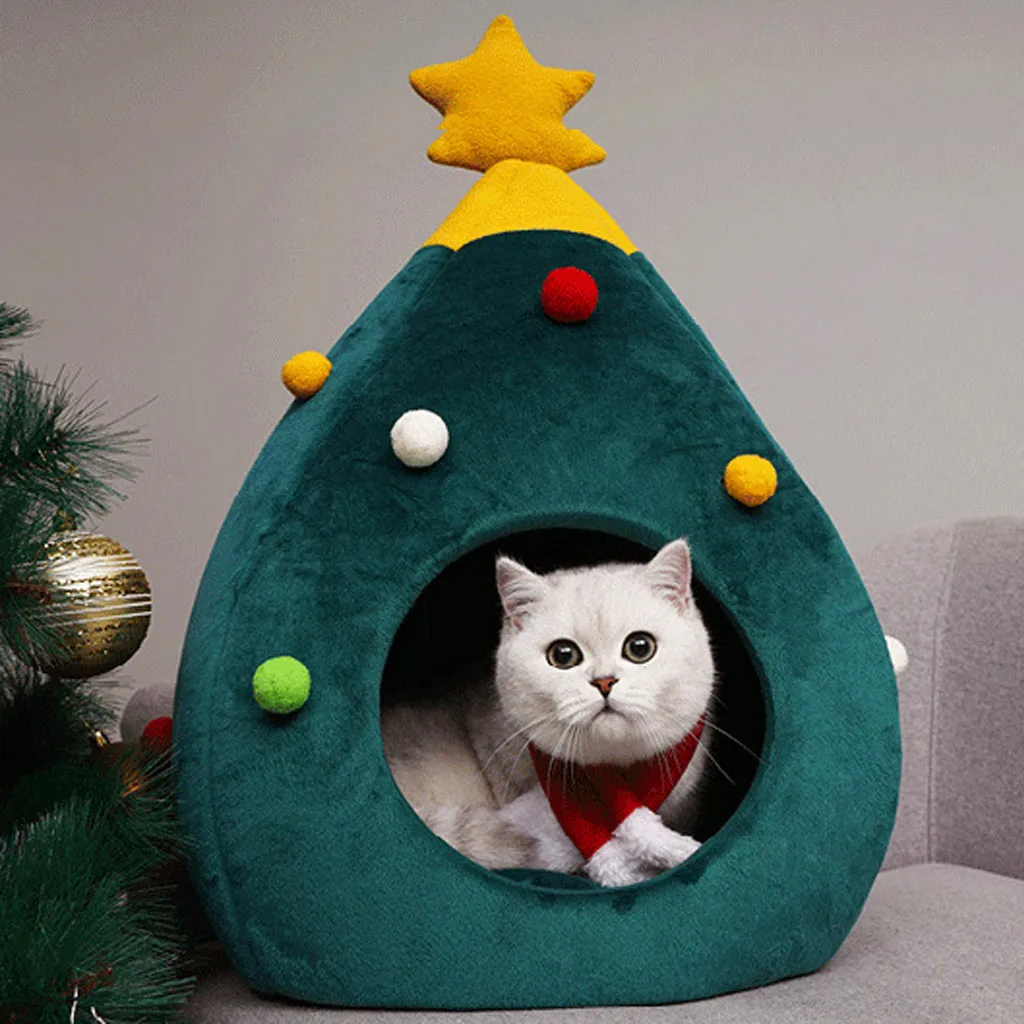 Прочная кровать для питомца Милая Рождественская елка в форме кошачьего домика полузакрытый Рождественский теплый мягкий зимний питомец кошачий наполнитель хороший подарок для кошки
