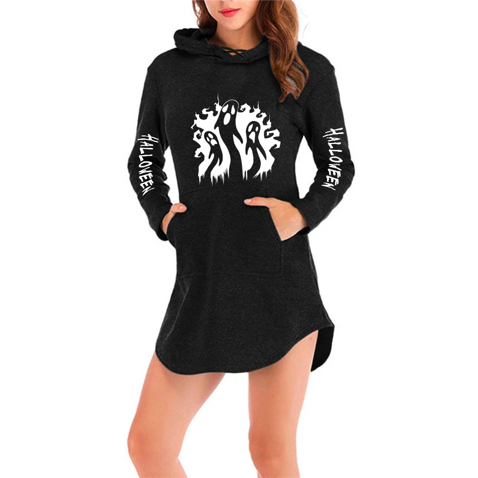 Hoodies Women 2019new Brand  hallwoeenr ghost print  Female Long Sleeve Solid  long Hooded