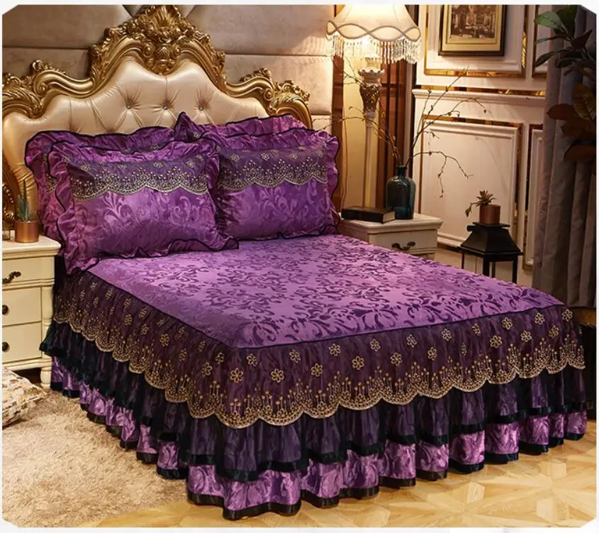 Purple Зимние штаны из плотного бархата для постельного белья на двуспальную кровать наволочка 1/комплект из 3 предметов, кружевной постельные принадлежности наматрасник теплое покрывало простынь домашний текстиль - Цвет: Purple