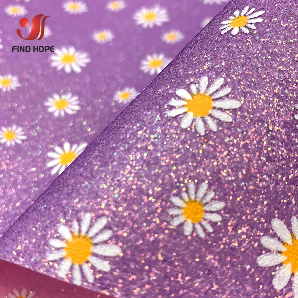 A4 20*30CM Glow in the dark Daisy Floral Printed Fine Glitter Faux Leather Sewing Fabric Sparkle DIY Craft Brooch Bows Earring