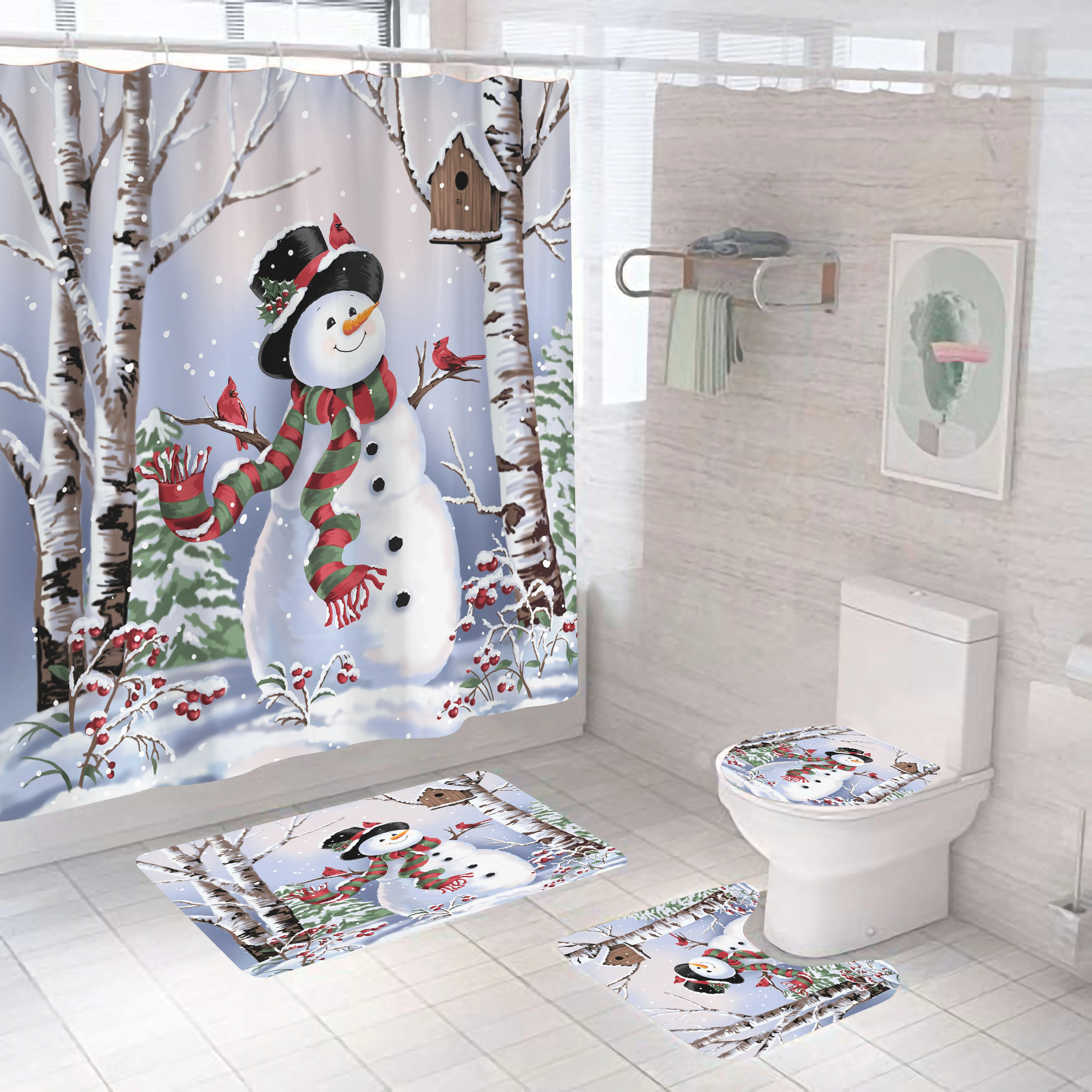 

Snowman with Scarf Top Hat Printing Bathroom 4 Pcs Bathroom Accessories Toilet Mat Carpet Cover Shower Curtain with Hooks