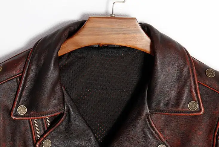 Low Price Punk Mens Real Leather Jackets Vintage Motorcycle Real Genuine Cowhide Biker Coat Retro Winter Brand Overcoat Red Big Size 4XL