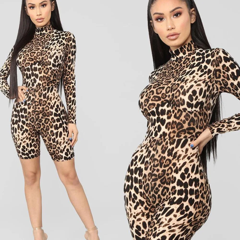 

Leopard Long Sleeve Jumpsuit Turtleneck Waist Bodysuit Sexy Biker Shorts Cheetah Print Romper Women Summer 2020 Club Outfits