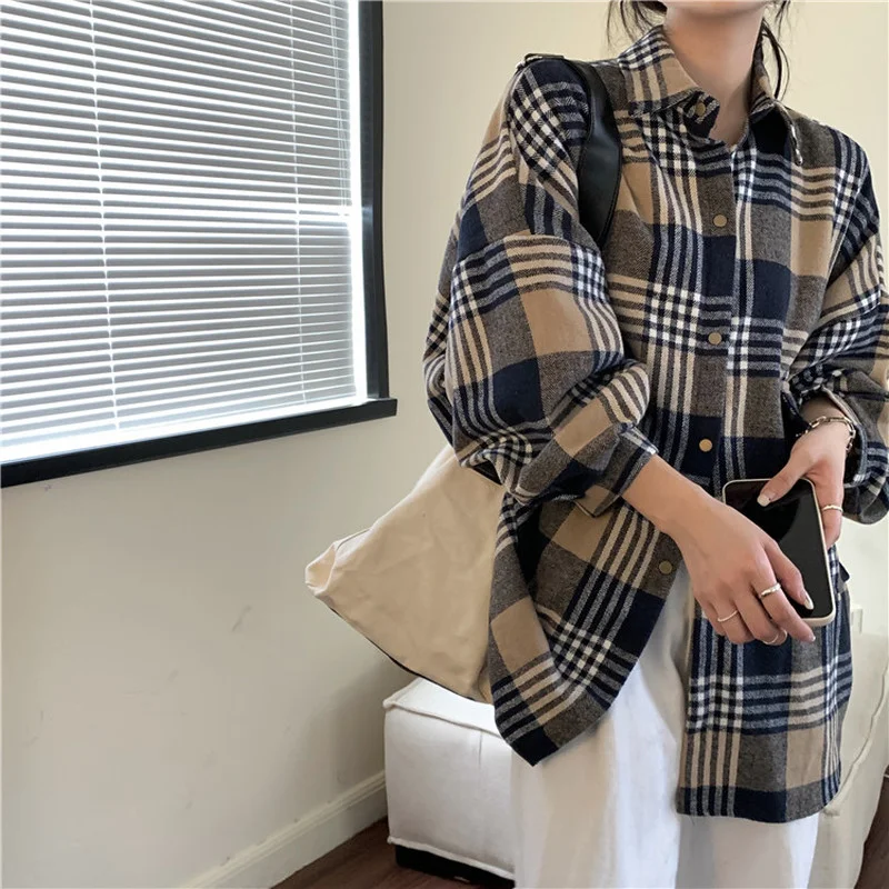 Brushed Plaid Shirts Jacket Women Auutmn Vintage New Long Sleeve Blouse Korean Loose Casual Tops Female