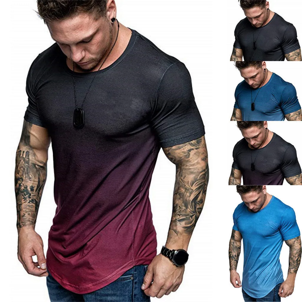 

Fashion Men's Summer Slim Casual Fit Gradient Color Short Sleeve Top Blouse free shiping