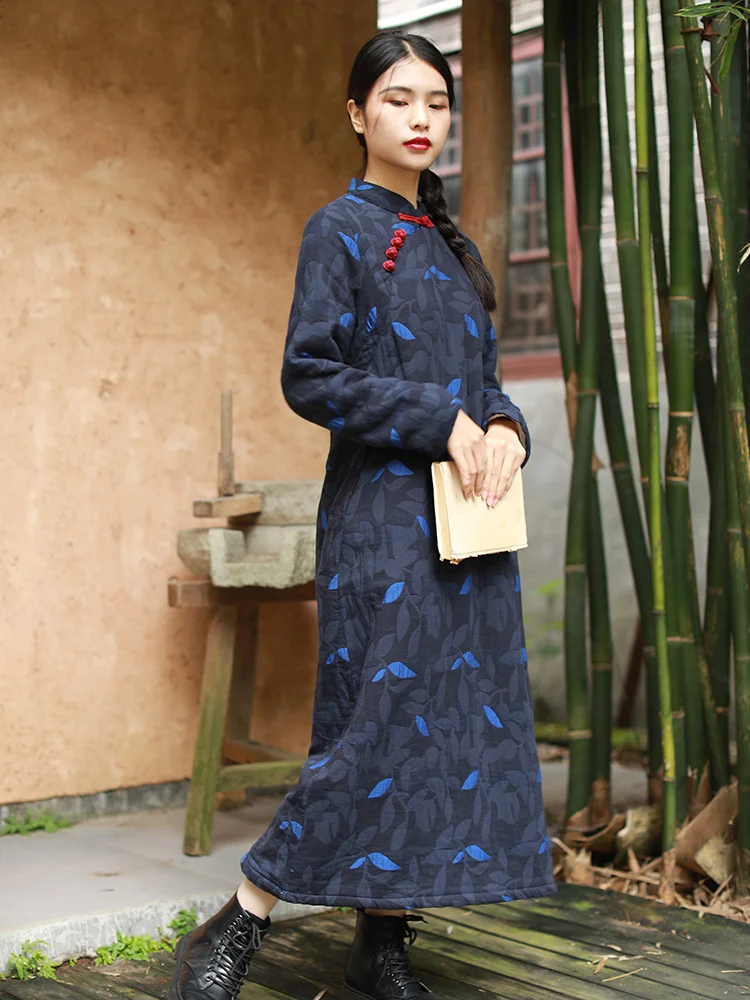 LZJN 2019 New Vintage Chinese Thickened Plush Dress Autumn Winter Female Warm Long Cheongsam Qipao Retro Robe Dress (18)