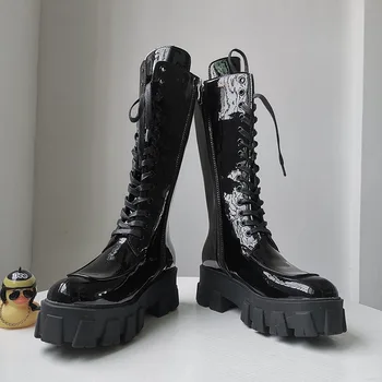 

Womens Round Toe Platform Knee High Boots Patent Leather Wedge High Heel Motorcycle Riding Shoes Black Punk New B129