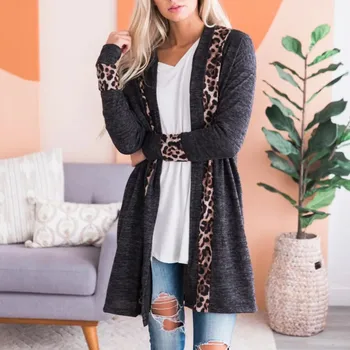 

Women's Long Sleeve V-Neck Casual Print Patchwork Coat Leopard Cardigan chaqueta mujer long cardigan джинсовая куртка женская