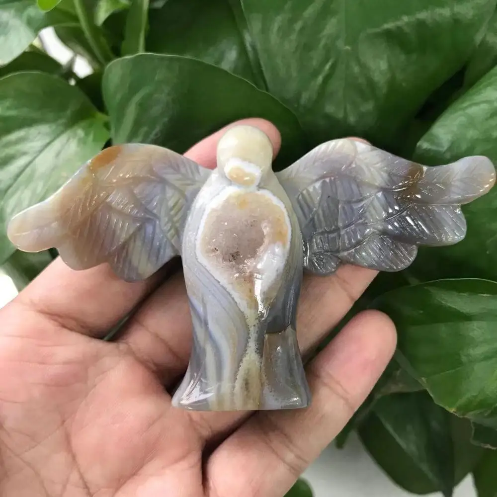 Натуральный агат Geode Angel Drusy Druse фигурка животного Кристалл кварц драгоценный камень ручной резное исцеление для украшения дома подарок ZJJ