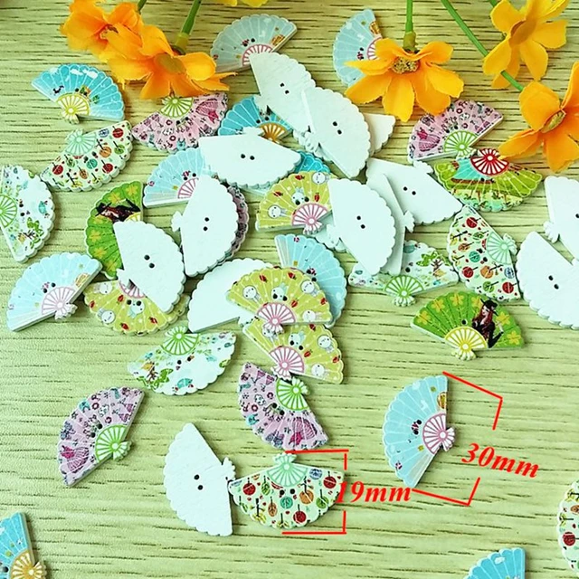 50pcs/lot Mixed Fan shape Natural Wooden Buttons 2 Holes Scrapbook