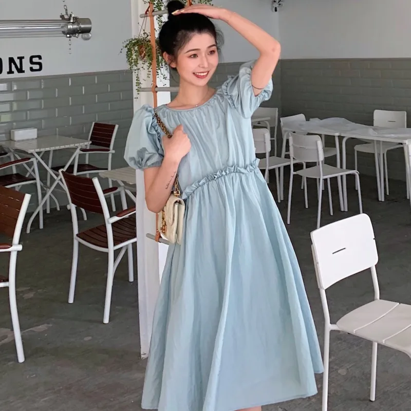 

LANMREM Blue Round Neck Lantern Short Sleeve High Waist Back Straps Woman Dress Casual Simple Fashion 2019 Summer New TV577