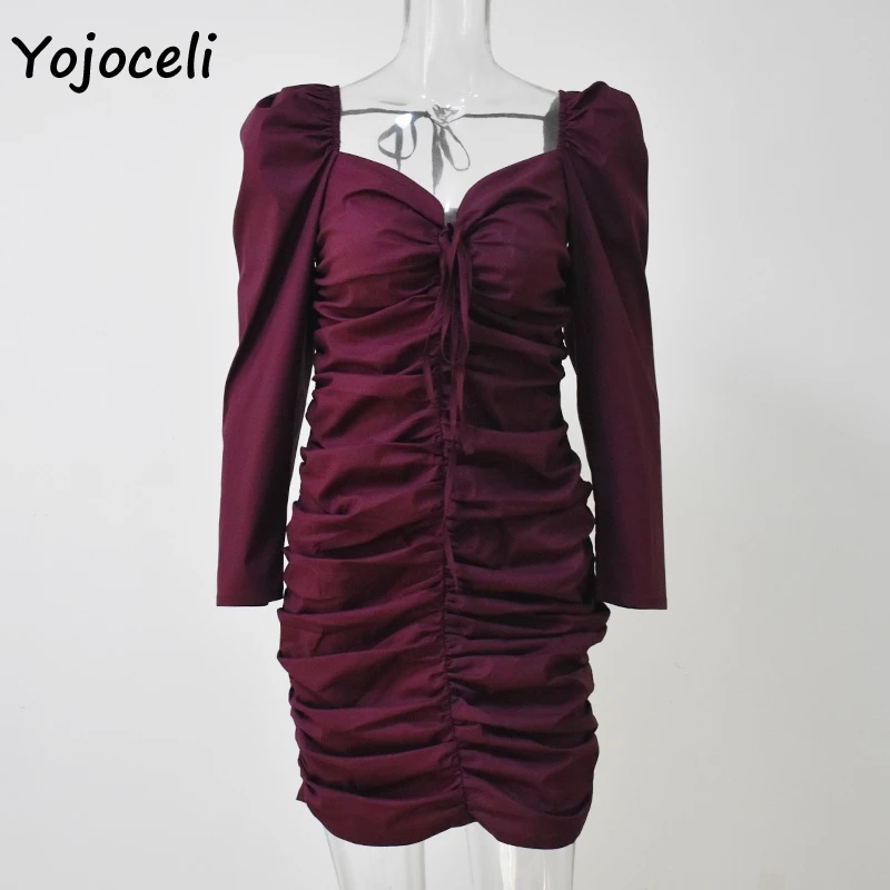 Yojoceli, сексуальное облегающее платье с длинным рукавом на шнуровке, женское винтажное Королевское мини-платье с квадратным вырезом, вечерние эластичные платья
